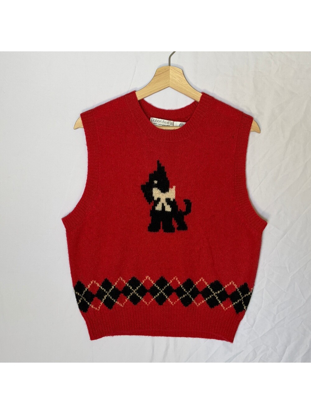 Sweater Vest Vintage 80s Scotty Dog Red 100% Shetland Wool Spun in Scotland